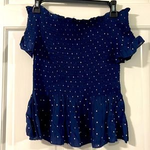 Navy polka dot over the shoulder stretch center top with gathered bottom- size S